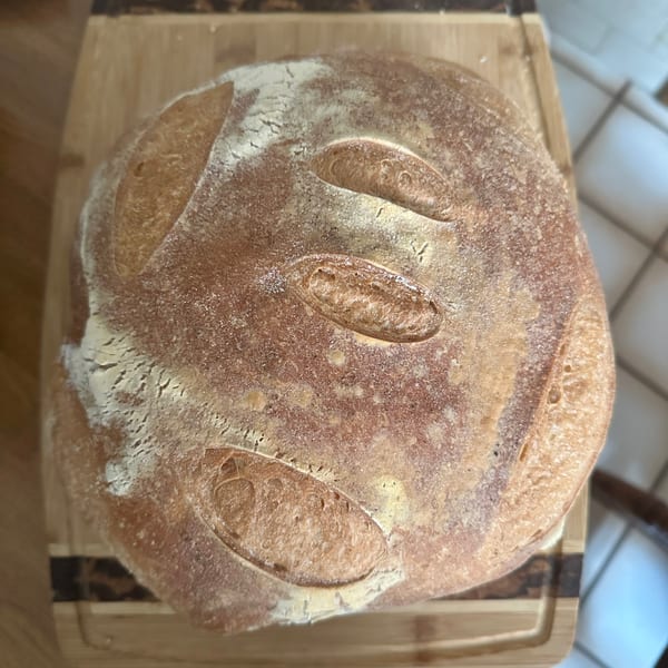 A freshly baked, round loaf of sourdough bread with a floured crust and scoring marks.